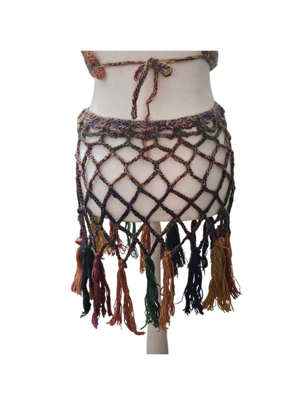 Handmade Crochet Swim Cover-up Fishnet Design Multicolor Rainbow Halter Crop-Top - Picture 11 of 17
